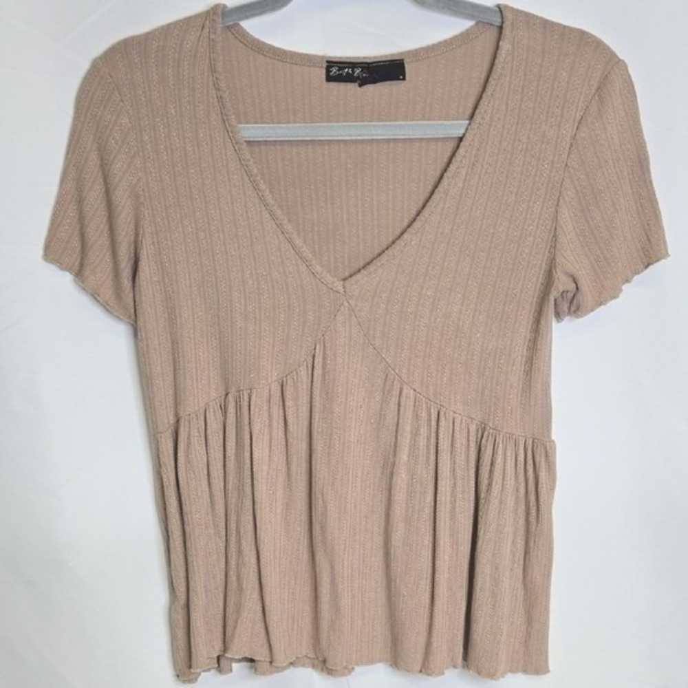 Brit & Bri V-neck Babydoll Top, Boho‎ Coquette y2k Neutral, Tan/Beige, Medium